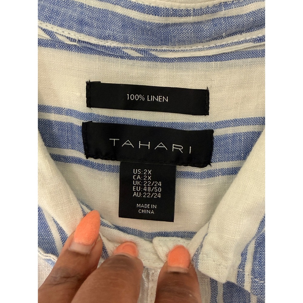 Tahari Linen Button Up Blouse Lagenlook Plus Blue White Striped Coastal 2X‎ - Picture 2 of 14